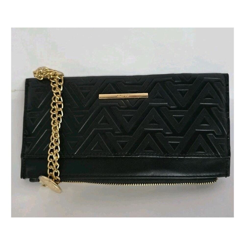 ALDO Black Zip Around Wallet Wristlet Embossed Monogram Gold Chain Clutch